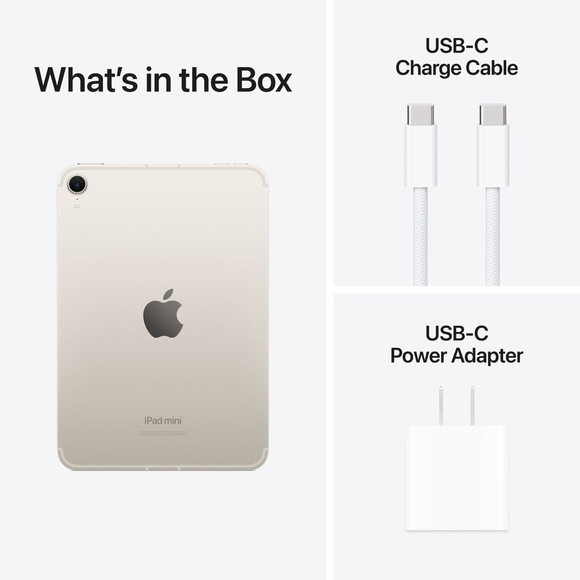 iPad mini in Starlight with USB-C charge cable and USB-C power adapter included in box