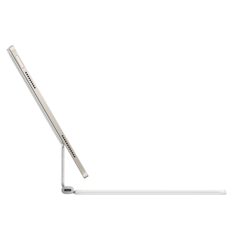 Magic Keyboard for iPad Air 11-inch M3 in White side view showing floating cantilever hinge and precision trackpad
