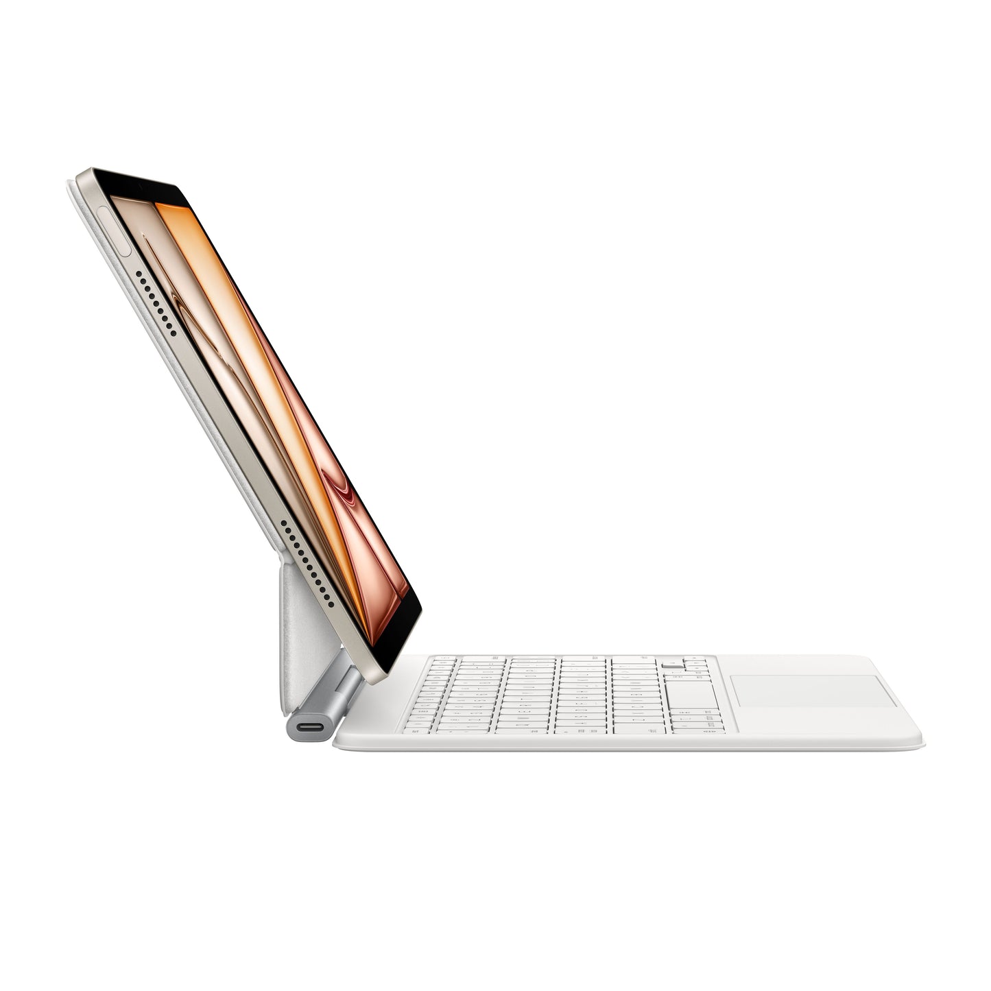 Magic Keyboard for iPad Air 11-inch M3 in White angled view showing floating cantilever hinge and precision trackpad