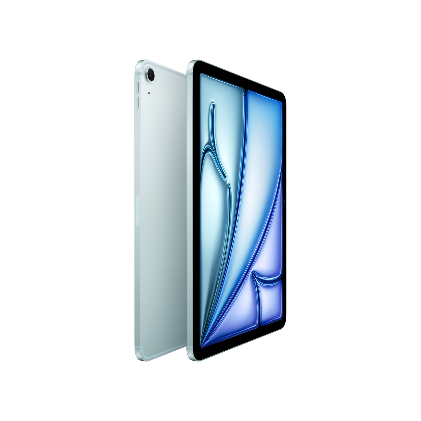 11-inch iPad Air Wi-Fi + Cellular 512GB in Blue M3 shown in angled view displaying the front Liquid Retina display and slim rear aluminum design