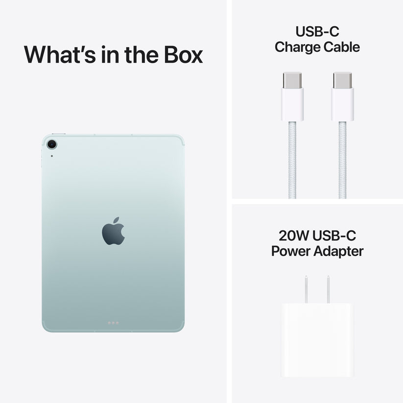 iPad Air with USB-C charge cable and 20W power adapter included in box.