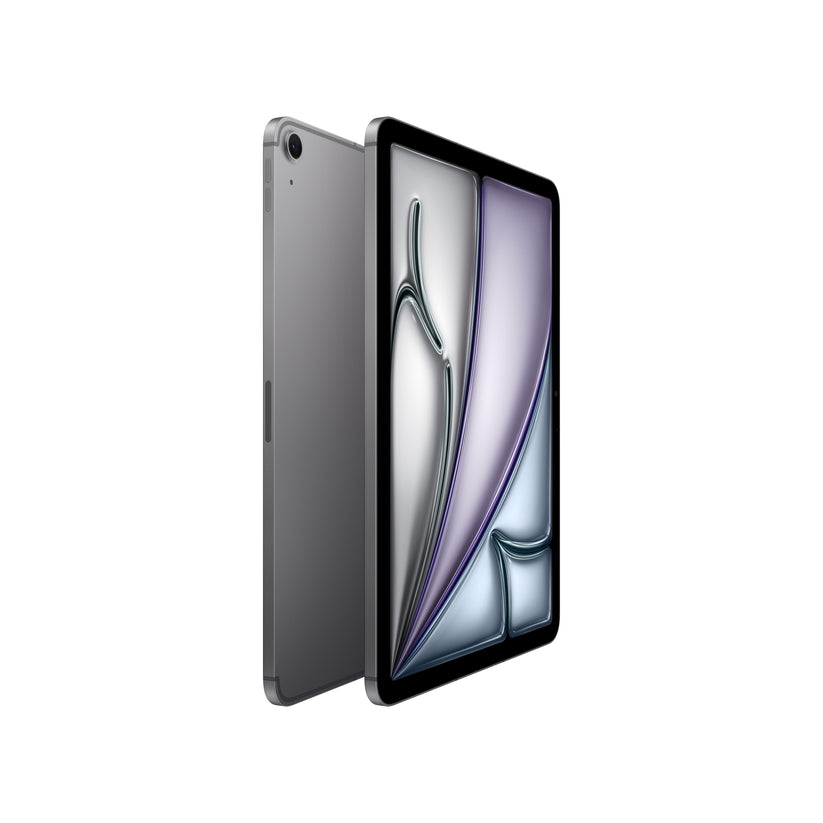 11-inch iPad Air Wi-Fi + Cellular 256GB in Space Grey M3 shown in angled view displaying the front Liquid Retina display and slim rear aluminum design