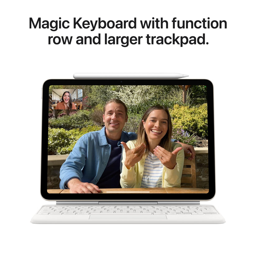 iPad Air attached to Magic Keyboard with function row and larger trackpad, shown during a video call.