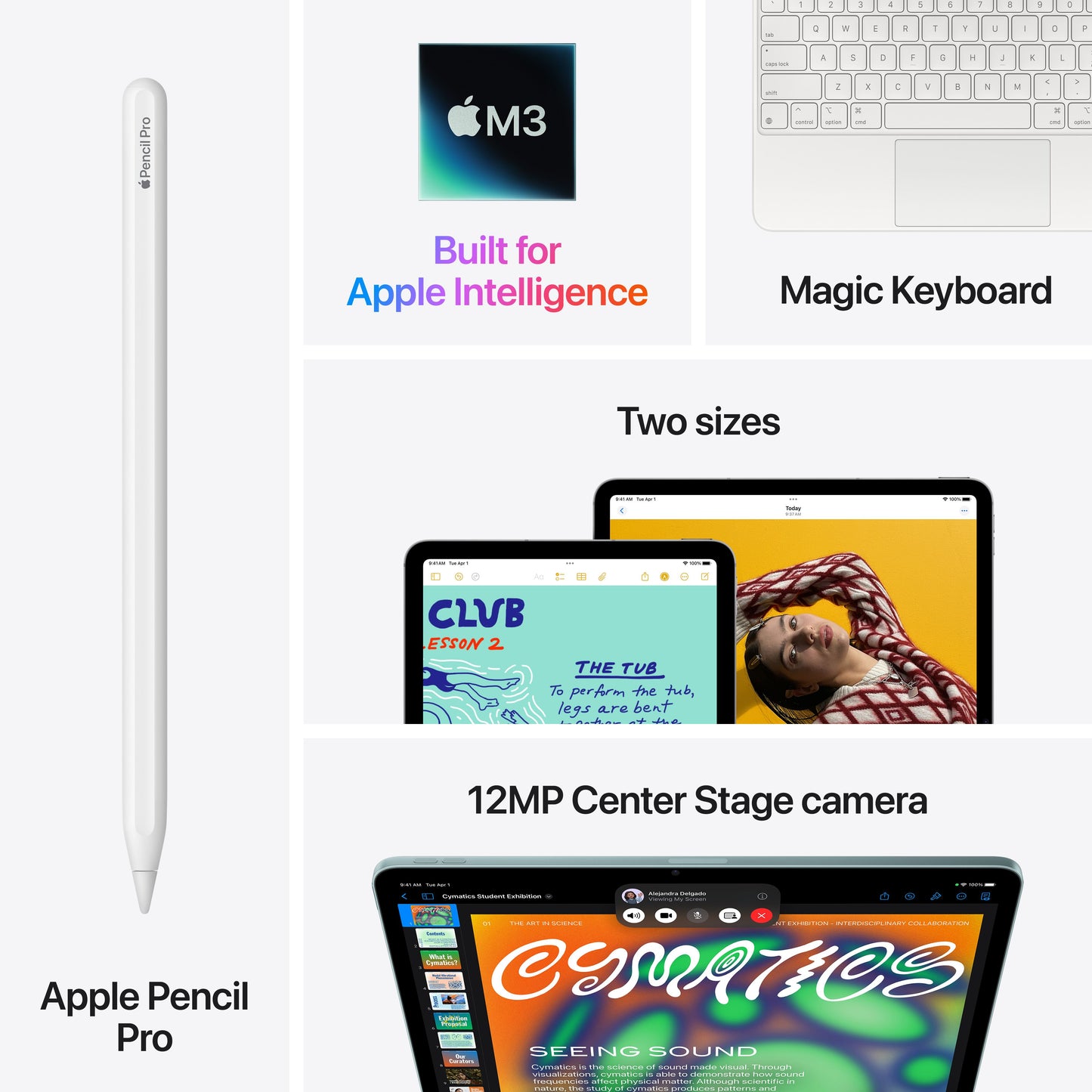 Overview of iPad Air features including Apple Pencil Pro, M3 chip built for Apple Intelligence, Magic Keyboard, two display sizes, and 12MP Center Stage camera