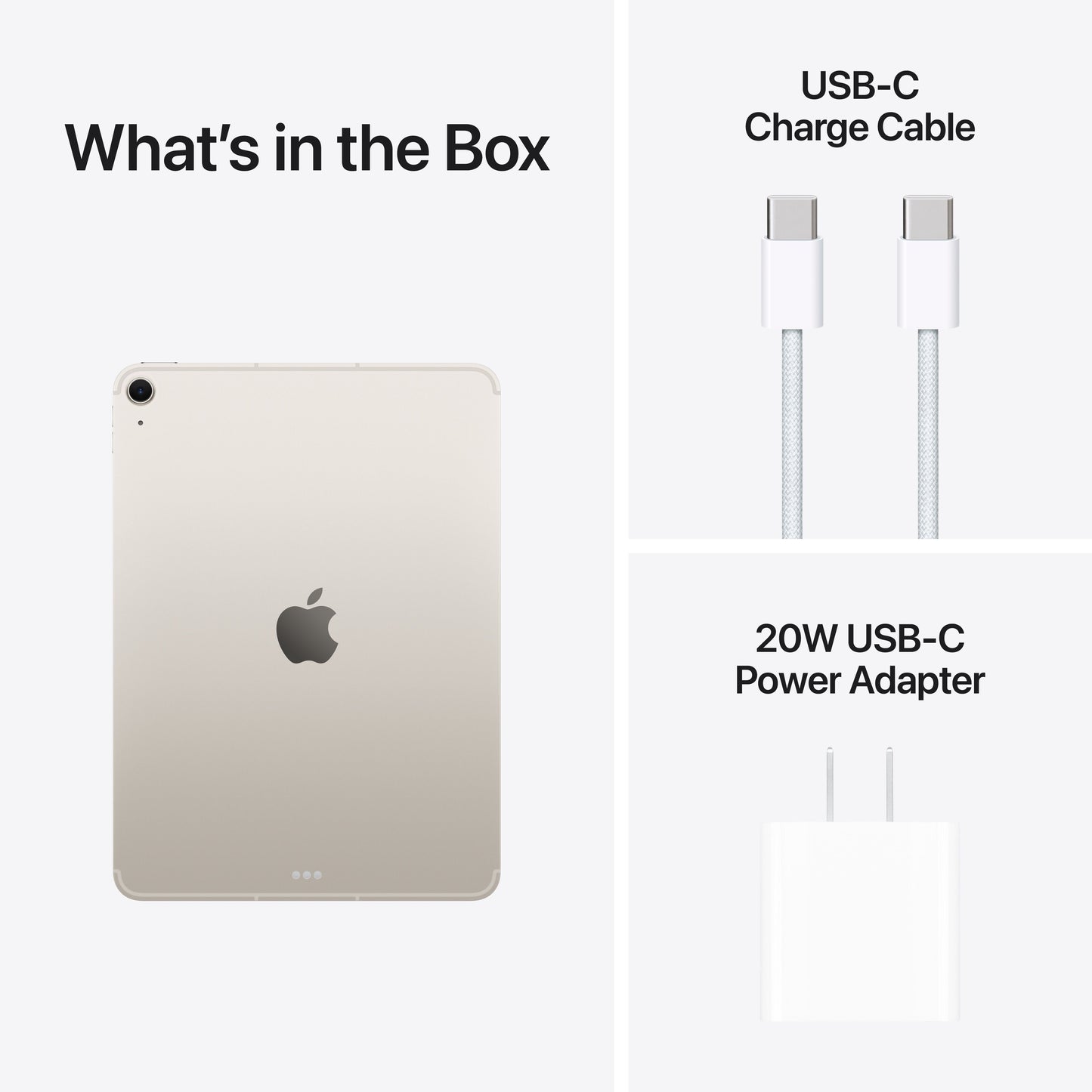 iPad Air with USB-C charge cable and 20W power adapter included in box