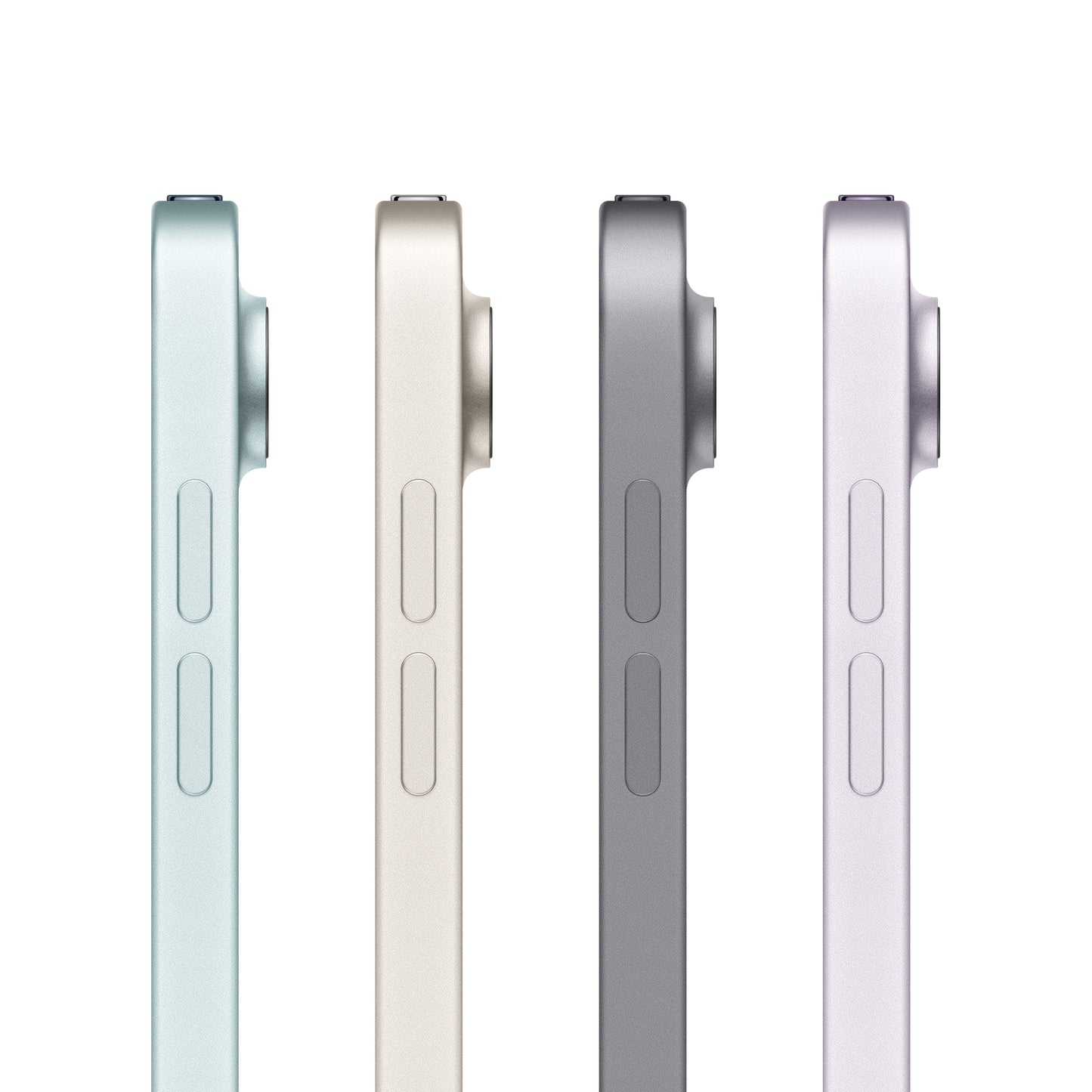 Side view of 11-inch iPad Air in Space Grey, Blue, Starlight, and Purple showing the slim design and side buttons.