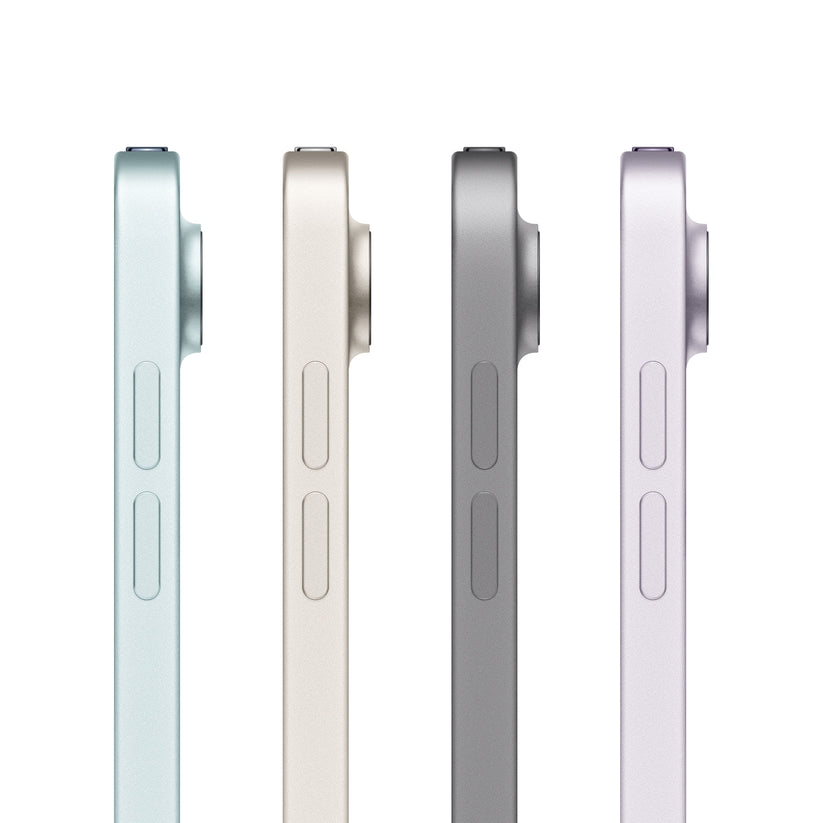 Side view of 11-inch iPad Air in Space Grey, Blue, Starlight, and Purple showing the slim design and side buttons.