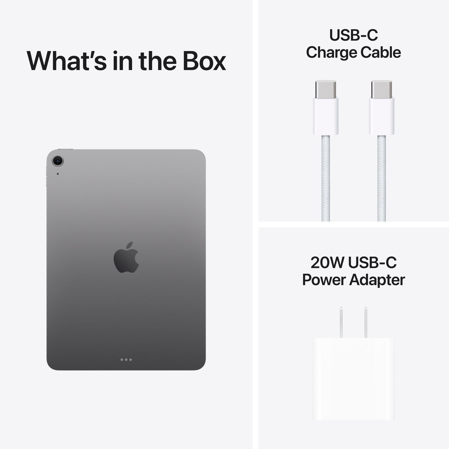 iPad Air with USB-C charge cable and 20W power adapter included in box.