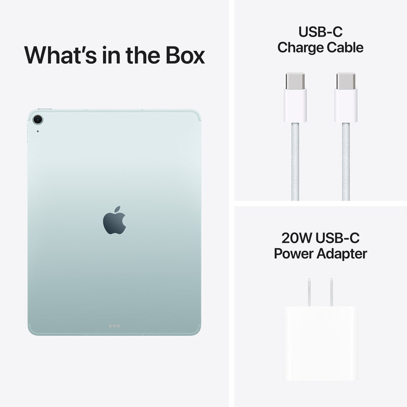 iPad Air with USB-C charge cable and 20W power adapter included in box.