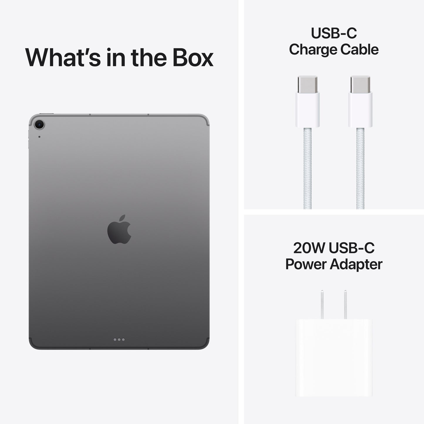 iPad Air with USB-C charge cable and 20W power adapter included in box.