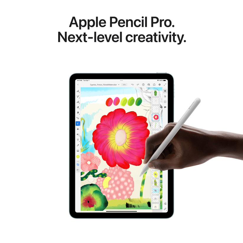 iPad Air displaying a colorful flower illustration being drawn with Apple Pencil Pro.
