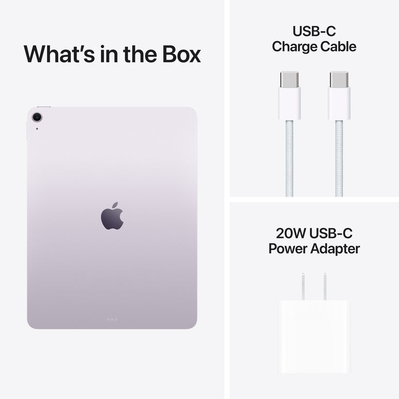 iPad Air with USB-C charge cable and 20W power adapter included in box.