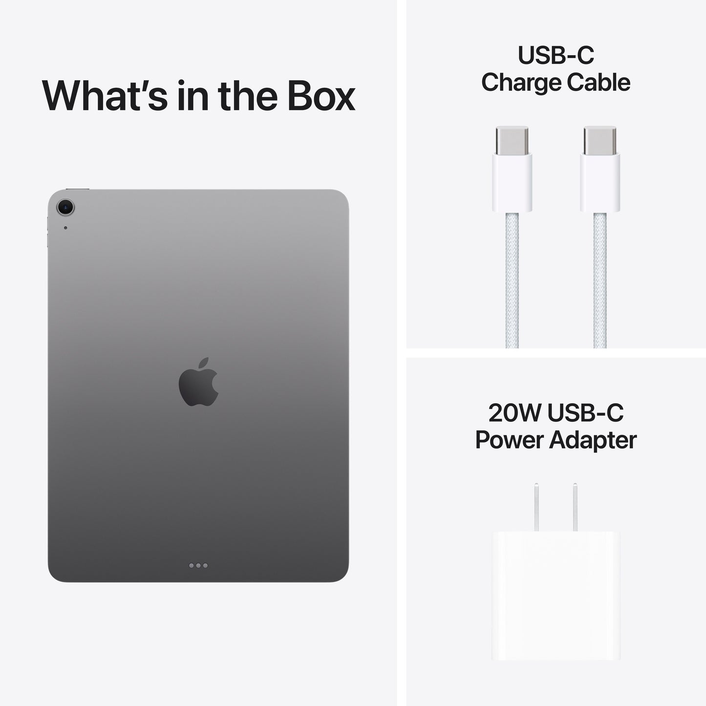 iPad Air with USB-C charge cable and 20W power adapter included in box.