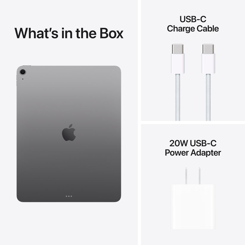 iPad Air with USB-C charge cable and 20W power adapter included in box.