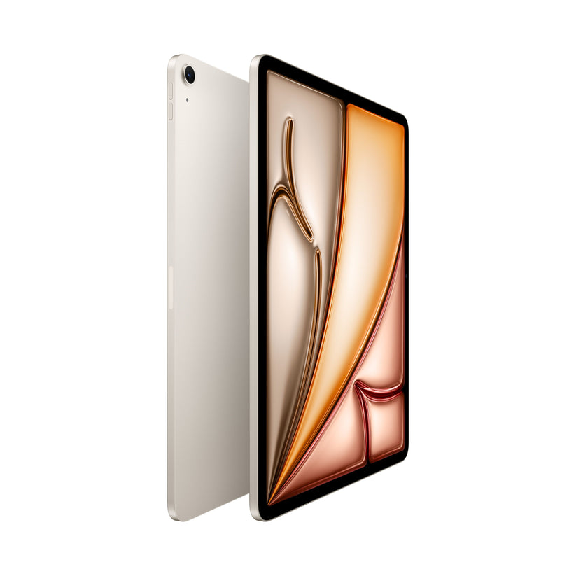 13-inch iPad Air Wi-Fi 128GB in Starlight M3 shown in angled view displaying the front Liquid Retina display and slim rear aluminum design