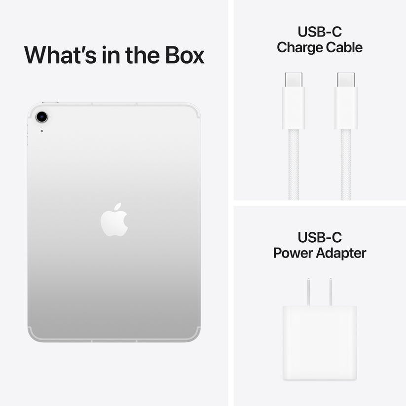 iPad A16 in Pink with USB-C charge cable and USB-C power adapter included in box