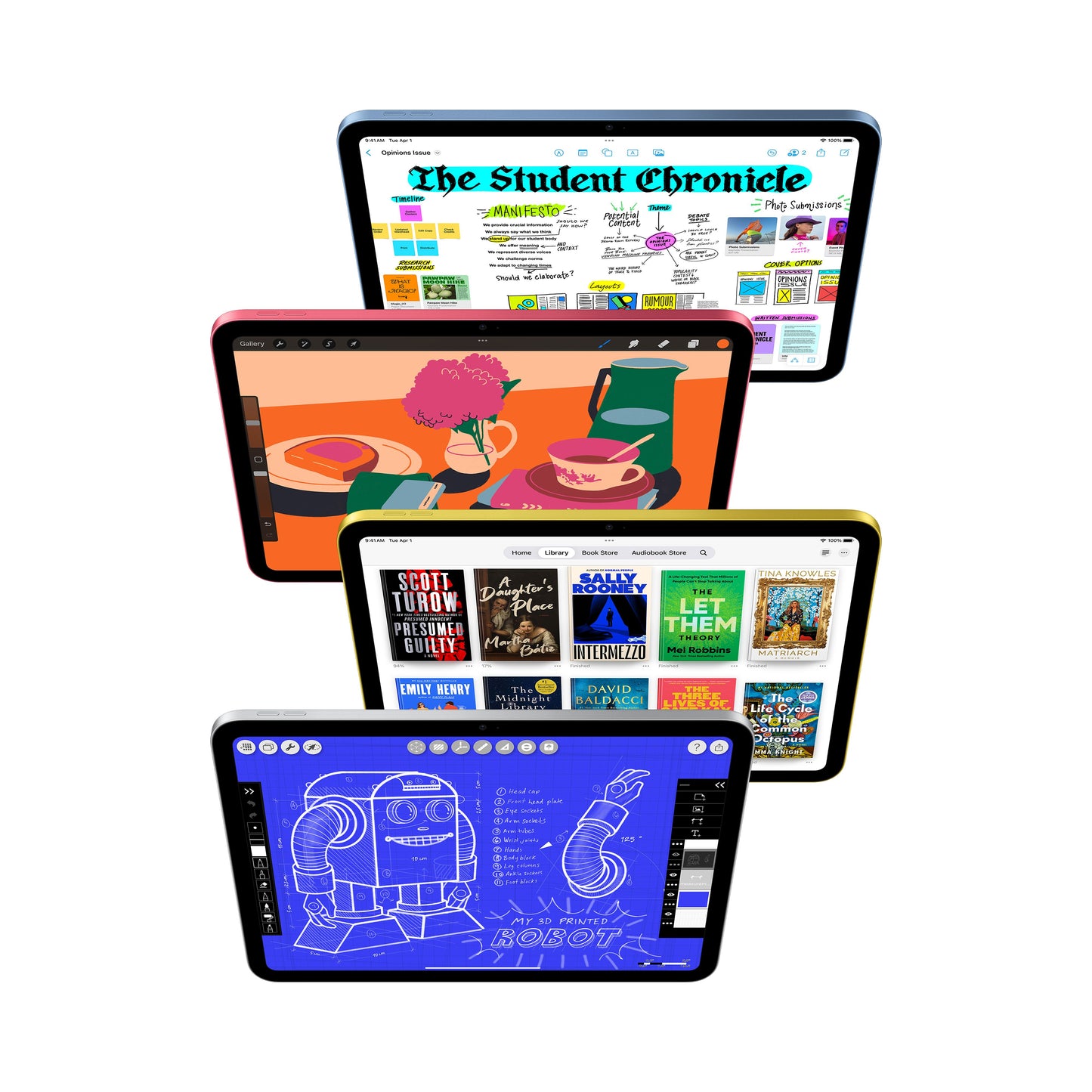 iPad with A16 chip displaying note taking, drawing, reading and creative apps on multiple screens