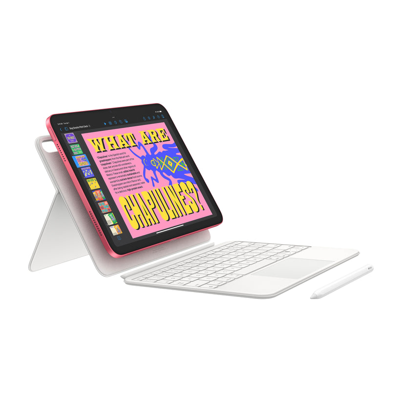 iPad A16 in Pink with Magic Keyboard and Apple Pencil showing creative editing app