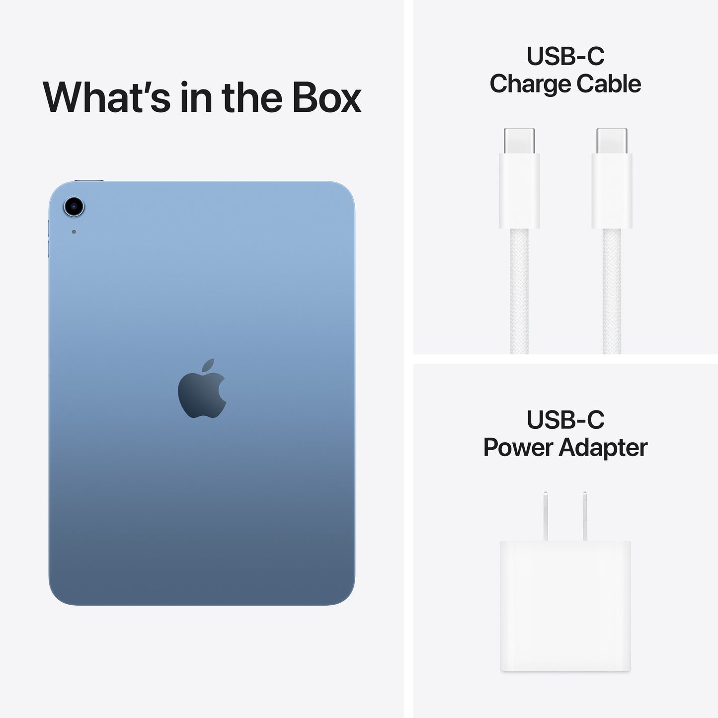 iPad A16 in Blue with USB-C charge cable and USB-C power adapter included in box