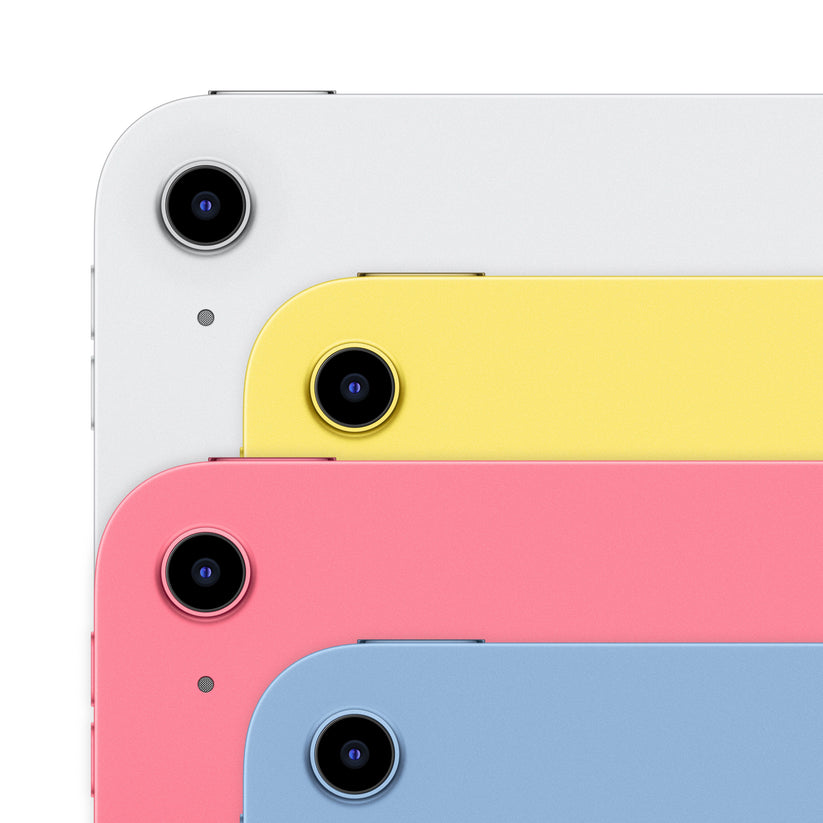 iPad with A16 chip rear view showing Blue, Pink, Yellow and Silver color options