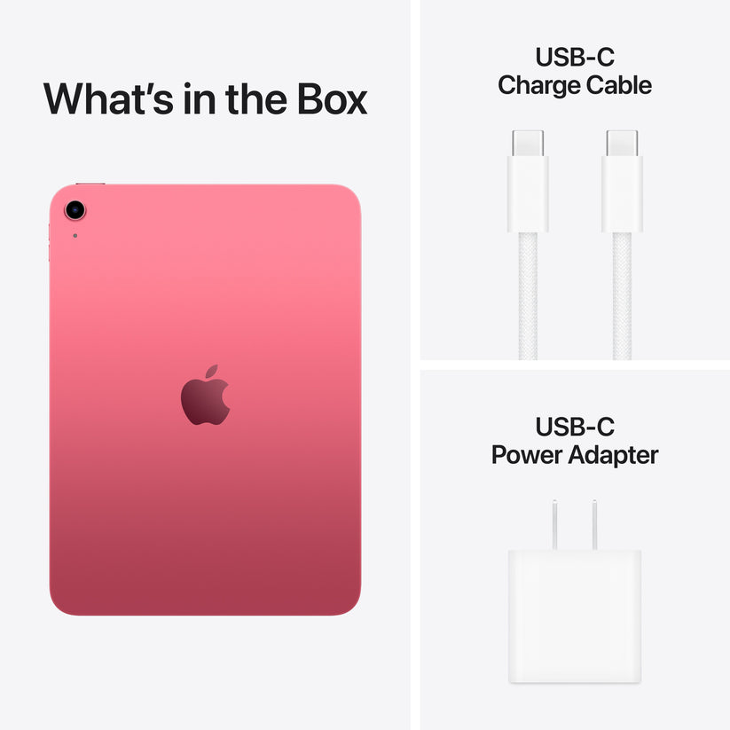 iPad A16 in Pink with USB-C charge cable and USB-C power adapter included in box
