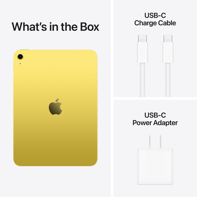 iPad A16 in Yellow with USB-C charge cable and USB-C power adapter included in box