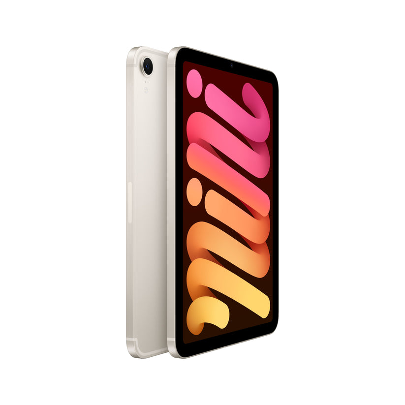 iPad mini in Starlight (A17 Pro) angled front and rear view