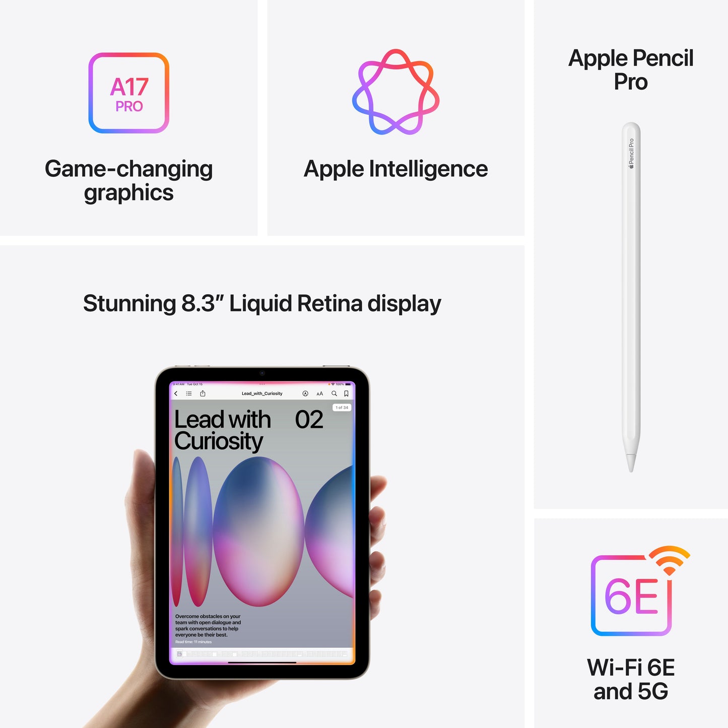 iPad mini highlighting A17 Pro chip, Apple Intelligence, 8.3-inch Liquid Retina display, and Apple Pencil Pro compatibility