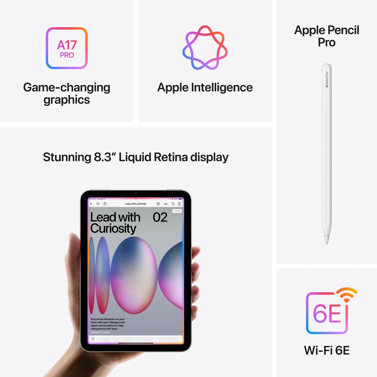 iPad mini highlighting A17 Pro chip, Apple Intelligence, 8.3-inch Liquid Retina display, and Apple Pencil Pro compatibility