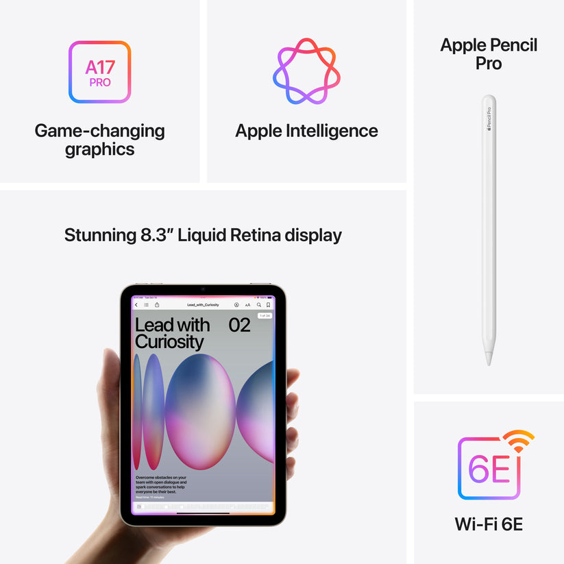 iPad mini highlighting A17 Pro chip, Apple Intelligence, 8.3-inch Liquid Retina display, and Apple Pencil Pro compatibility