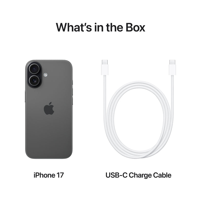 iPhone 17 in Black with USB-C charge cable included in the box