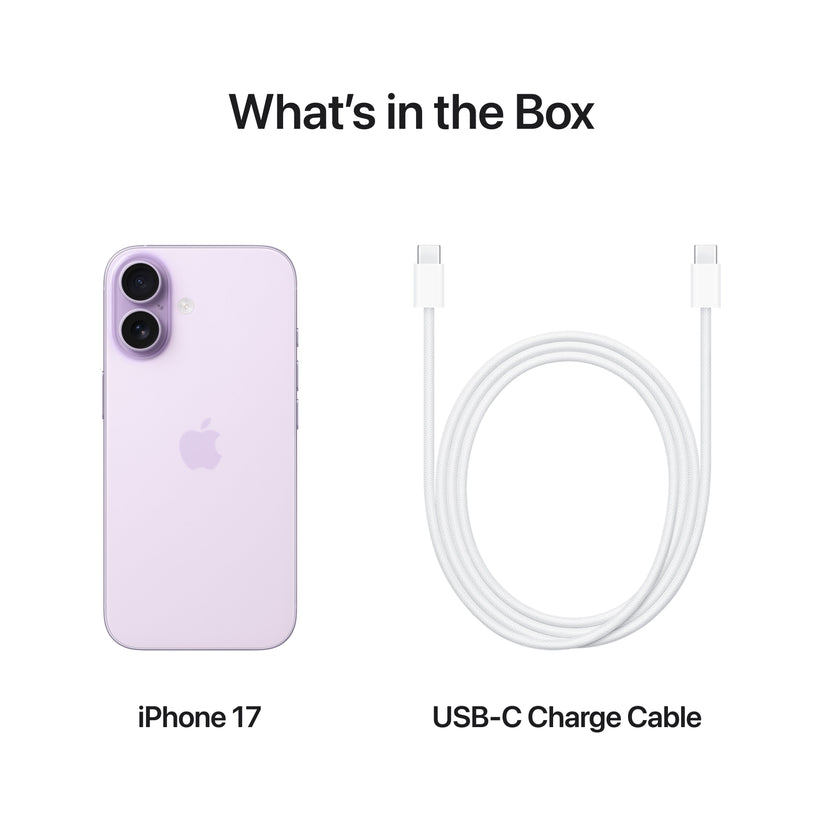 iPhone 17 in Lavender with USB-C charge cable included in the box