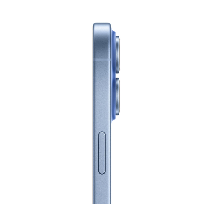 Side profile of iPhone 17 in Mist Blue showing dual-camera bump and slim design