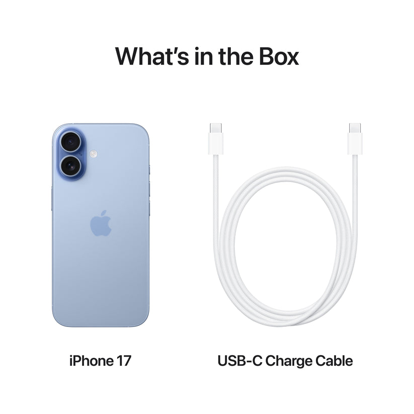 iPhone 17 in Mist Blue with USB-C charge cable included in the box