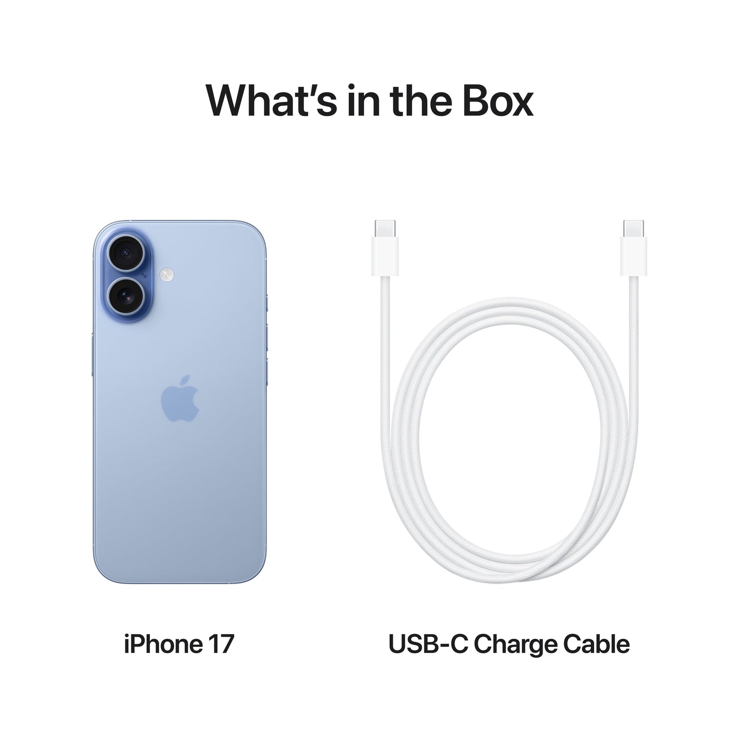 iPhone 17 in Mist Blue with USB-C charge cable included in the box