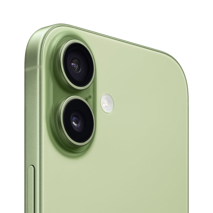 Close-up of iPhone 17 in Sage showing rear dual-camera system
