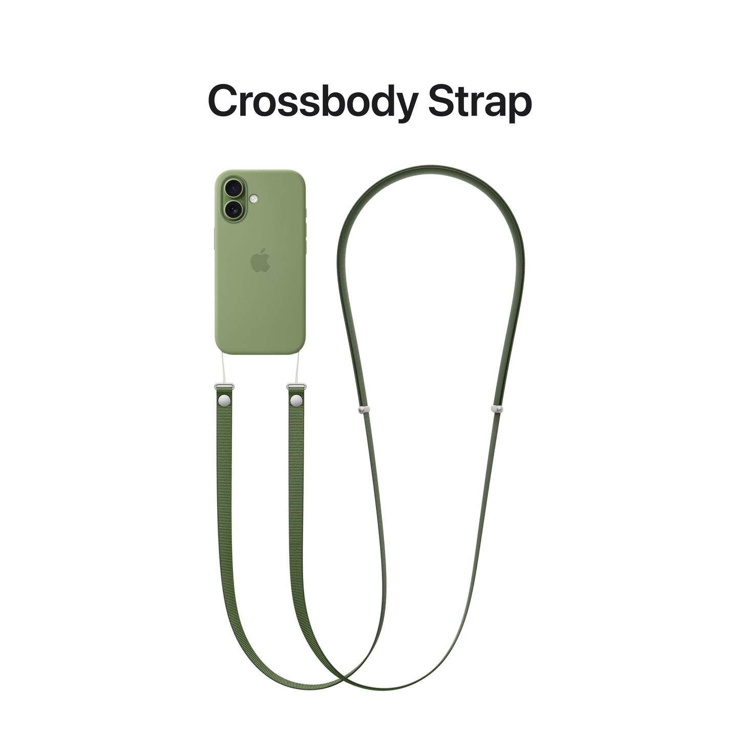iPhone 17 in Sage with matching crossbody strap attached, showing rear view and strap design