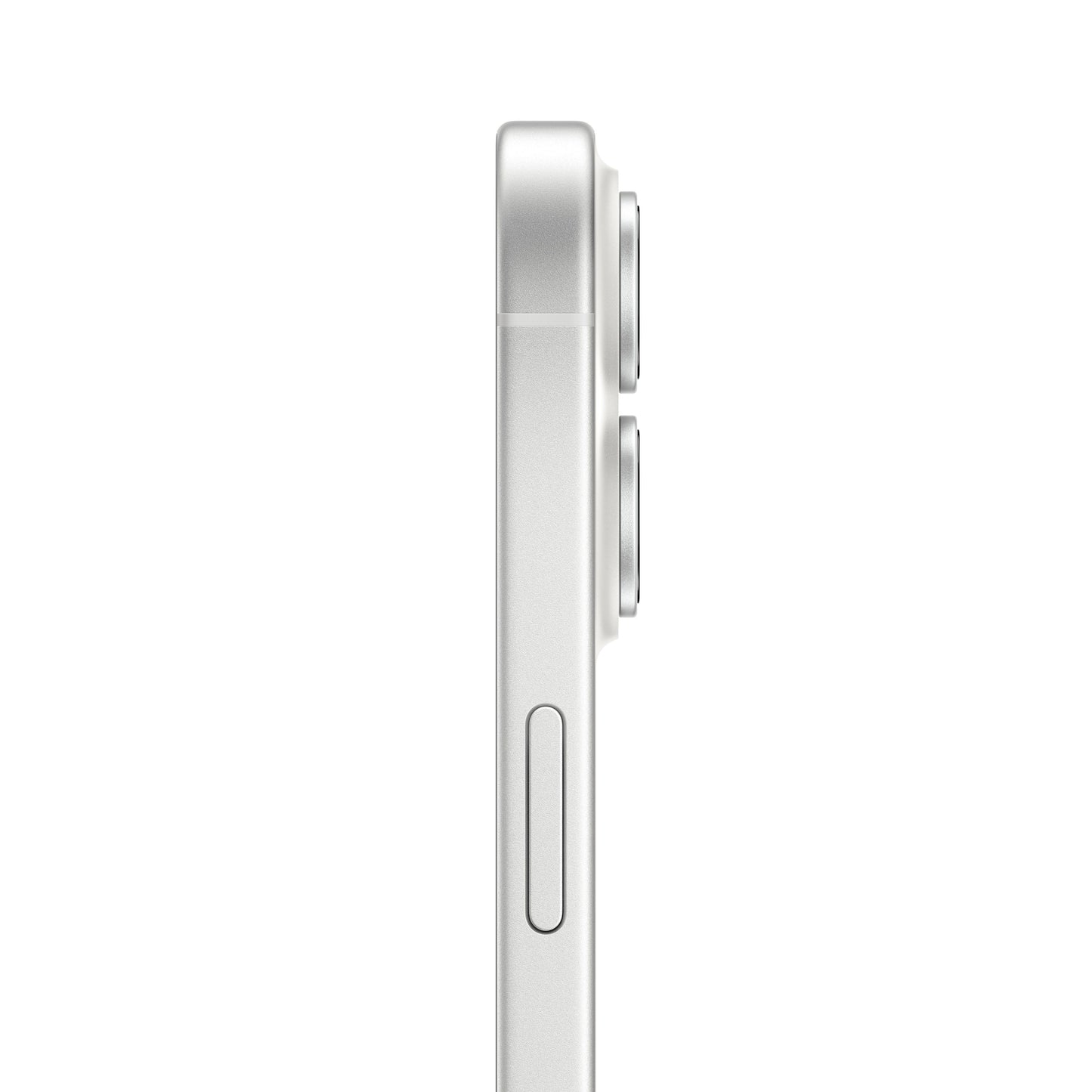 Side profile of iPhone 17 in White showing dual-camera bump and slim design