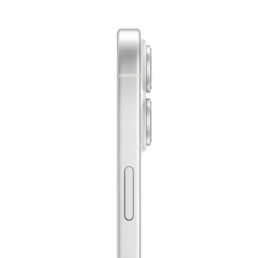 Side profile of iPhone 17 in White showing dual-camera bump and slim design