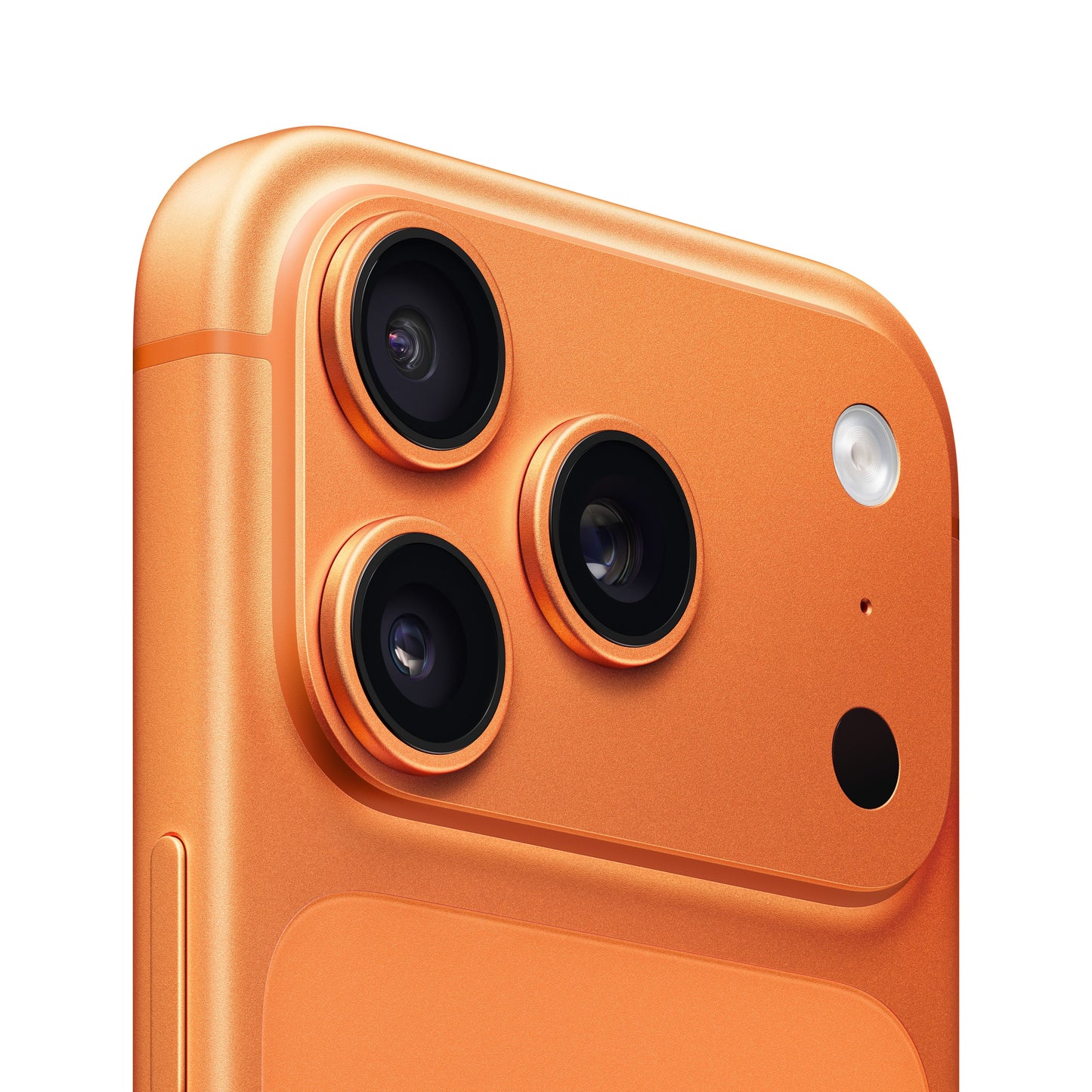 Close-up of iPhone 17 Pro in Cosmic Orange showing rear triple-camera system