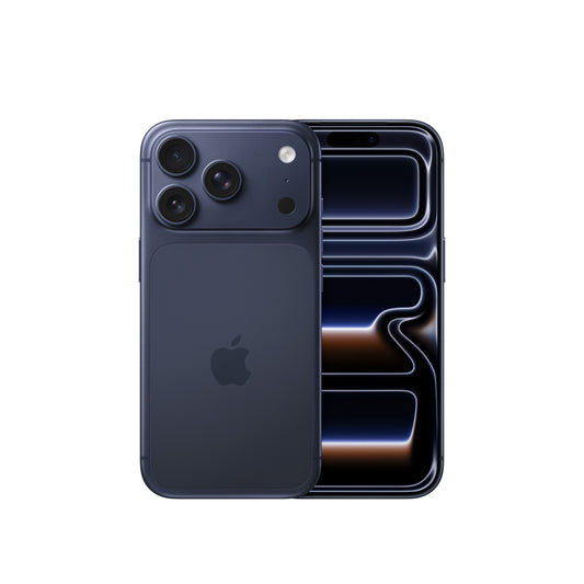 iPhone 17 Pro 256GB in Deep Blue showing front display and rear triple-camera system