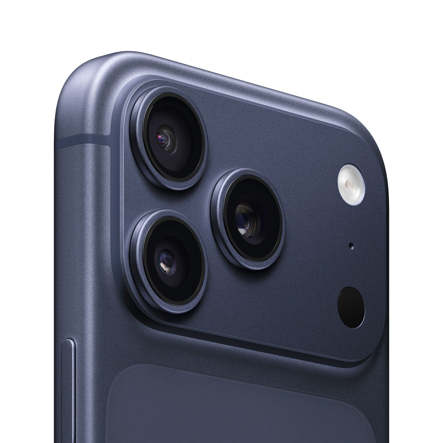 Close-up of iPhone 17 Pro 512GB in Deep Blue showing rear triple-camera system with flash and sensor details