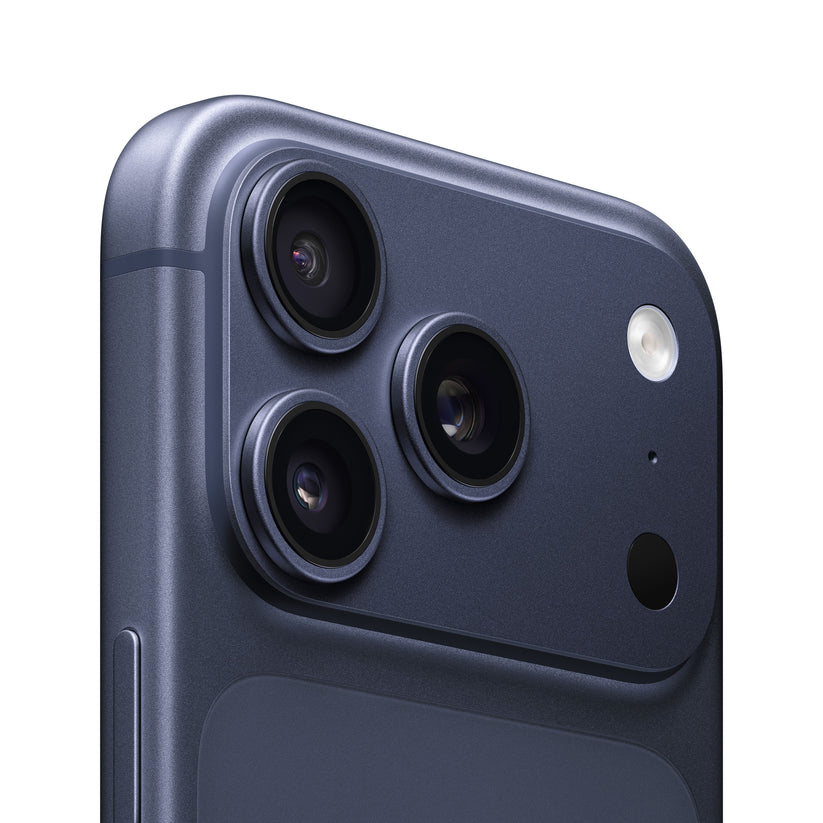 Close-up of iPhone 17 Pro in Deep Blue showing rear triple-camera system