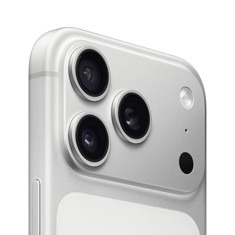 Close-up of iPhone 17 Pro in Silver showing rear triple-camera system