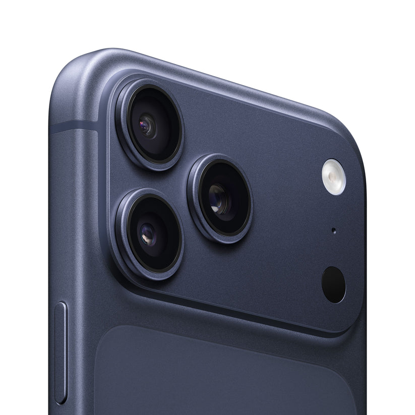 Close-up of iPhone 17 Pro Max in Deep Blue showing rear triple-camera system