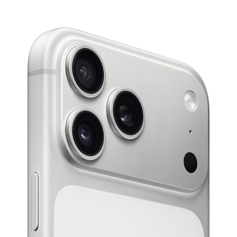 Close-up of iPhone 17 Pro Max in Silver showing rear triple-camera system