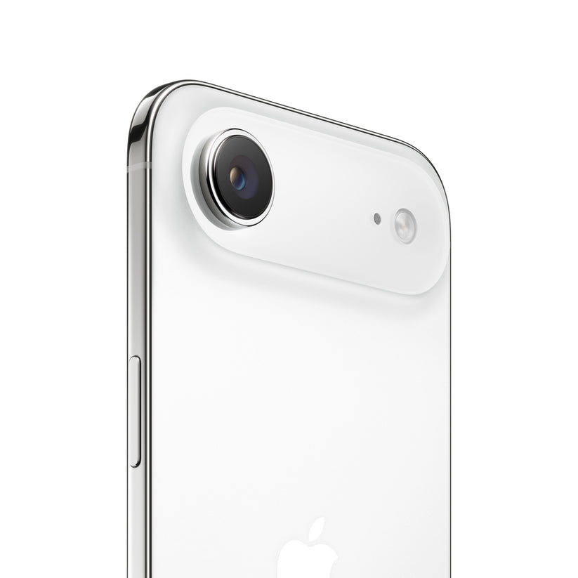 iPhone Air in Cloud White, close-up of rear camera and side button