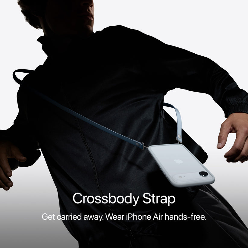 iPhone Air in White with crossbody strap, worn hands-free by person