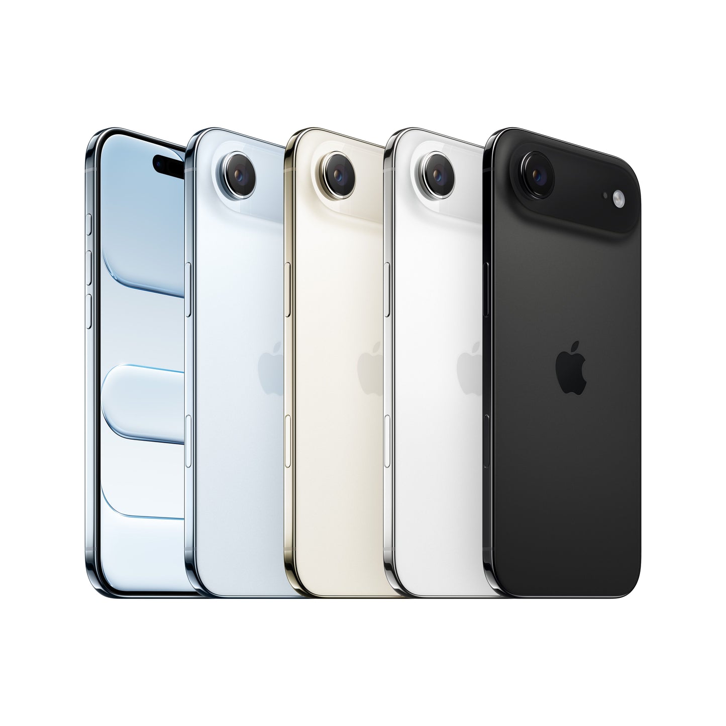 iPhone Air in multiple colors: Sky Blue, Silver, Light Gold, White, and Black, front and back view