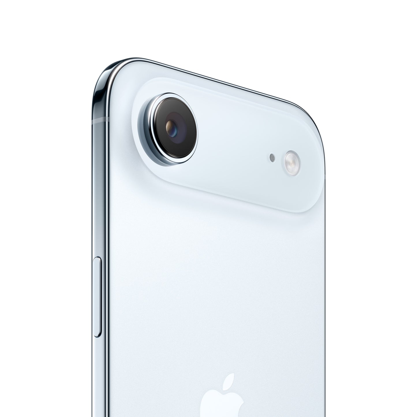 iPhone Air in Sky Blue, close-up of rear camera and side button